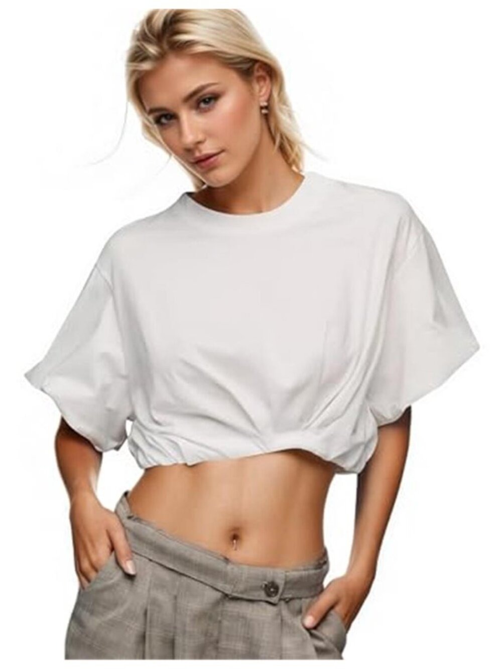 Women's white Short Sleeve Bubble Crop T Shirts Crew Neck Elastic Waistband